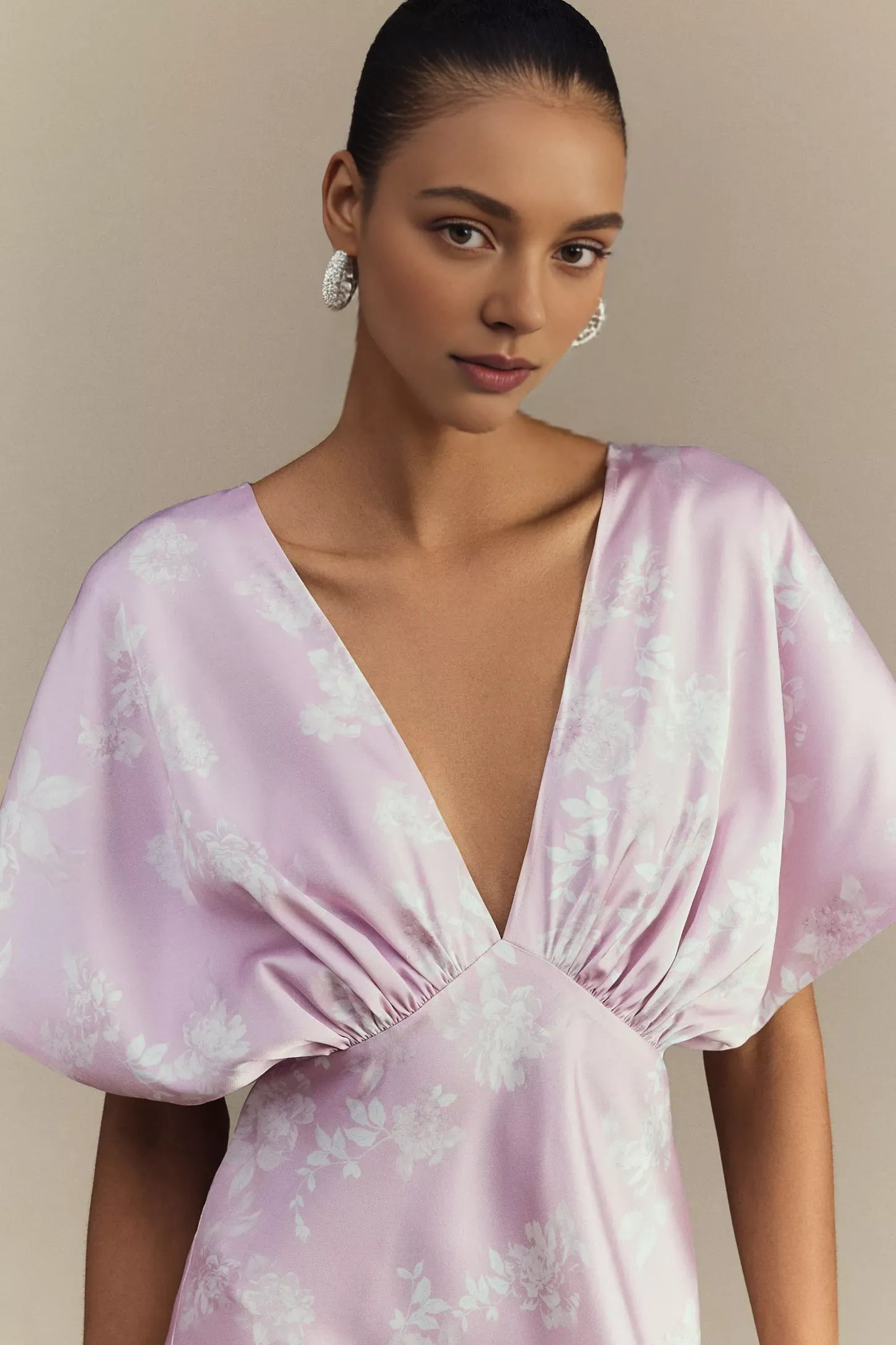 Robe Weitese en satin à décolleté en V profond et manches flottantes, robe de bal trapèze, robe longue lilas
